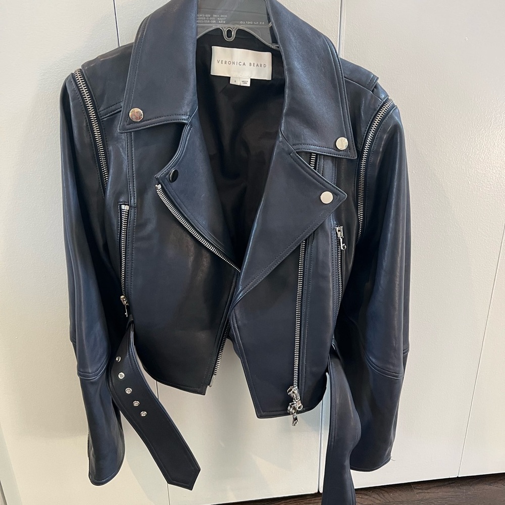 Veronica Beard Jylan Leather Moto Jacket Navy
